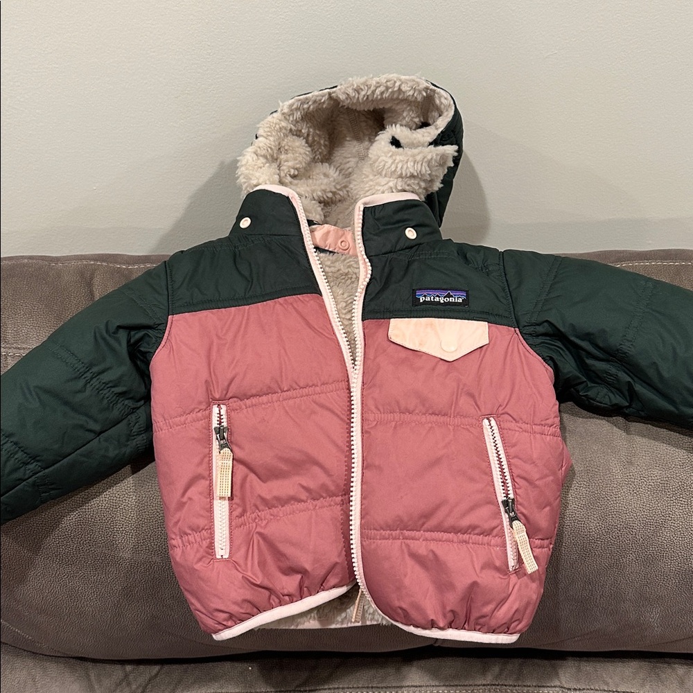 Patagonia Kids Jacket - Pink and Green (Reversible with Removable Hood!)